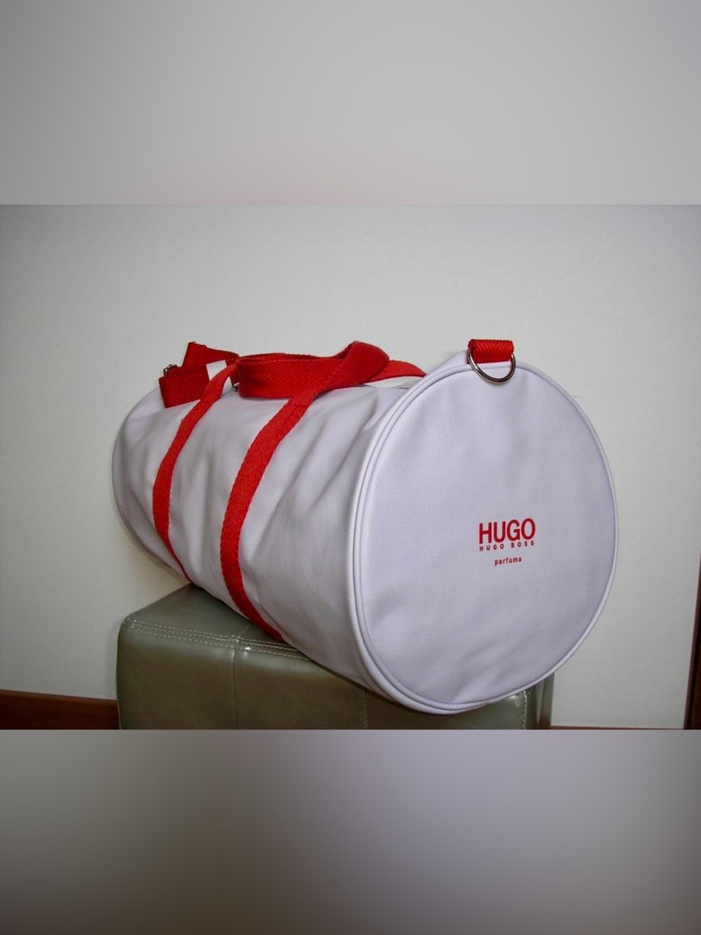 NWT Hugo Boss White Leatherette Canvas Duffel with Red Straps